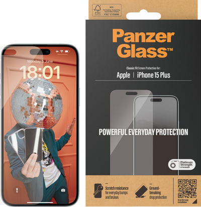 Xham mbrojtës PanzerGlass Classic Fit për iPhone 15 Plus, xham i kalitur, antibakterial, transparent