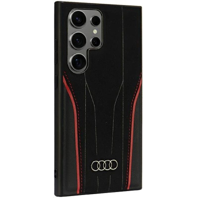 Kapak telefoni Audi Genuine Leather MagSafe për Samsung Galaxy S24 Ultra, lëkurë natyrale, me MagSafe, i zi me të kuqe
