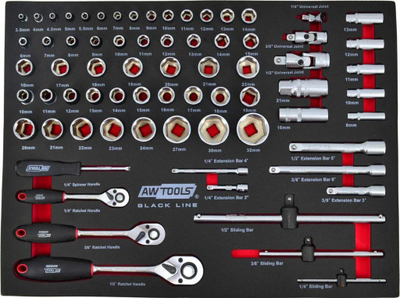 Колица за алат AWTools AW15100, 6 фиоки, со опрема, црвена