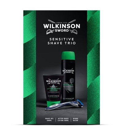 Set për meshkuj Wilkinson Sword Sensitive Shave Trio, xhel rroje, 200 ml + losion pas rroje 100 ml + brisk rroje Hydro 5