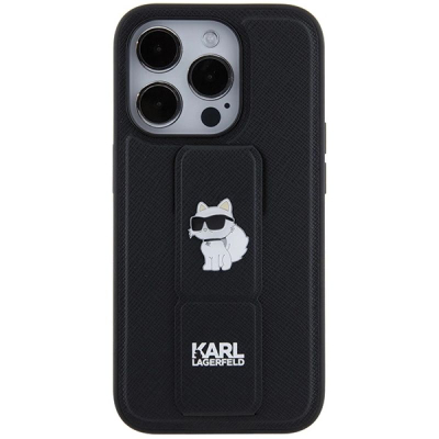 Kapak telefoni Karl Lagerfeld Gripstand Saffiano Choupette Pins, për iPhone 14 Pro Max, i zi
