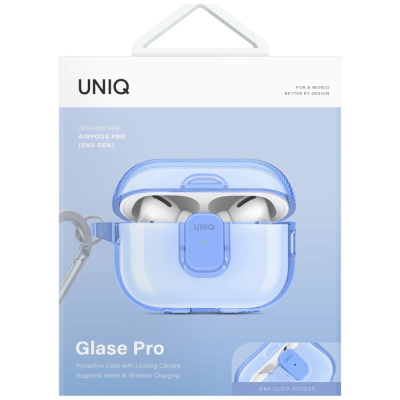 Këllëf për kufje Uniq Glase Pro, për AirPods Pro 2, TPU, me karabinë, blu e tejdukshme