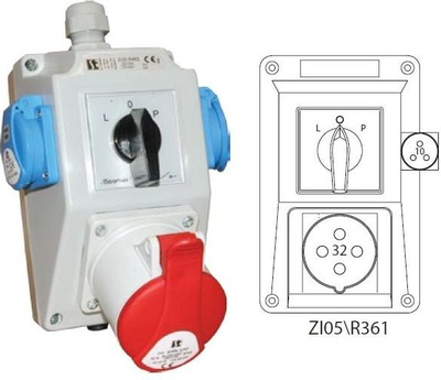 Komplet instalimi elektrik Spamel ZI05R361, prizë 32A 4P+2P+PE, IP44, i kuq