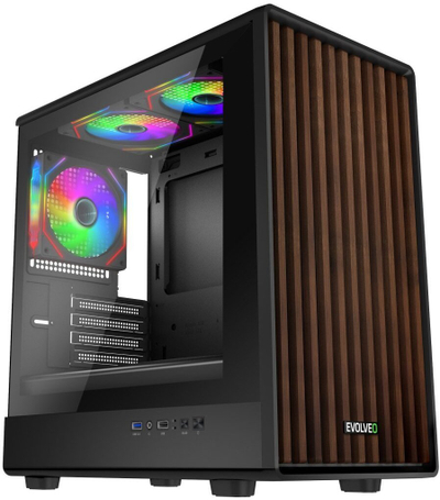 Куќиште за компјутер EVOLVEO Panthera, mATX Midi Tower, 3x вентилатор ARGB 120mm, дрвен панел, црна стаклена страна