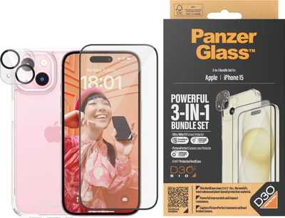 Set mbrojtës PanzerGlass 3 in 1 për iPhone 15, xham ekrani, mbrojtës kamere, HardCase transparent