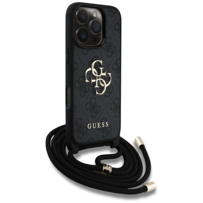 Футрола за телефон Guess 4G Metal Logo Crossbody за iPhone 16 Pro, PU, со ремен, црна