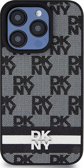 Маса за телефон DKNY, за iPhone 15 Pro, ПУ кожа со дизајн квадрати, црна