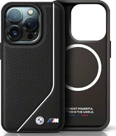Mbulesë BMW BMHMP15S23PUCPK për iPhone 15 14 13 6.1", MagSafe, lëkurë e zezë e shpuar
