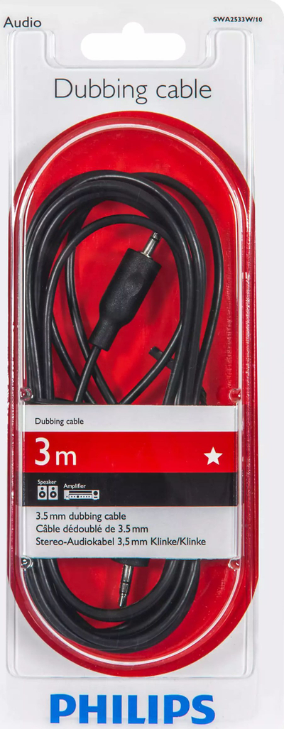 Kabllo audio Philips SWA2533W/10, Jack 3.5mm në Jack 3.5mm, 3m, e zezë