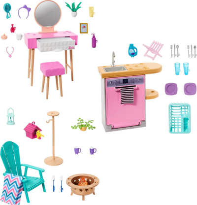 Set mobiljesh lodër Mattel Barbie Furniture Playset, aksesorë për shpinë, modele të përziera, shumëngjyrëshe