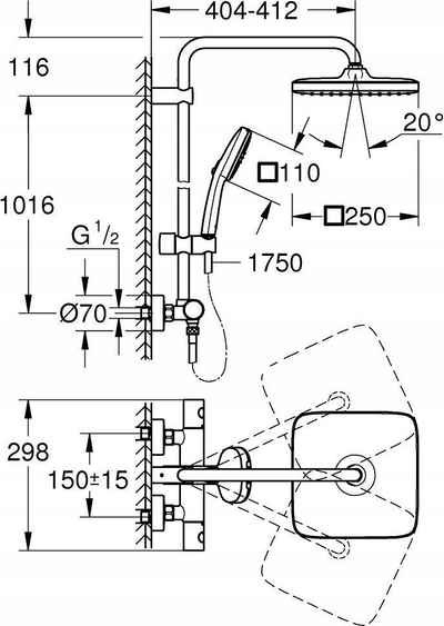 Set dushi Grohe Tempesta System 250 Cube 266892431, me termostat, montim në mur, e zezë mat