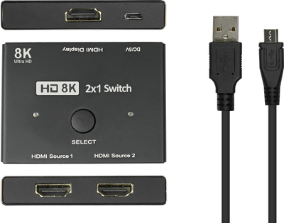 Ndërrues HDMI Alcasa HD 8K 2x1, HDMI 2.1, 8K, i zi