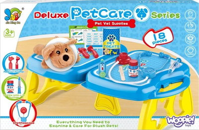 Set veteriner për kalamoj Woopie Deluxe PetCare, 18 copa, me qenush lodër, shumëngjyrësh