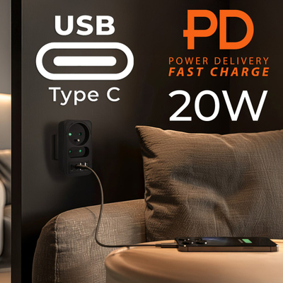 Shpërndarës rryme Maclean MCE249 F/B, 2x prizë, 4x USB PD 20W, i zi