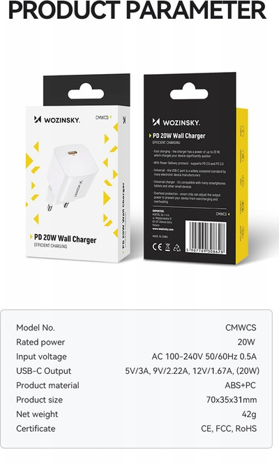 Karikues shpie Wozinsky CMWCS, USB C PD 20W, i bardhë