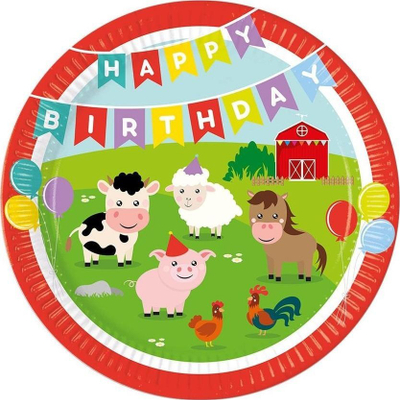Pjata letre feste ALBI Tale Happy Birthday Farm, 23cm, set 8 copë, shumëngjyrëshe