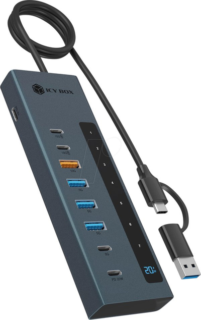 Докинг станица и USB хаб Icy Box IB-HUB1743-CPD, USB-C 9 порти, 10 Gbit/s, сива