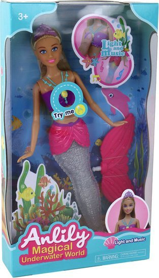 Kukull sirenë Anlily Mermaid, me dritë, me tinguj, rozë vjollcë