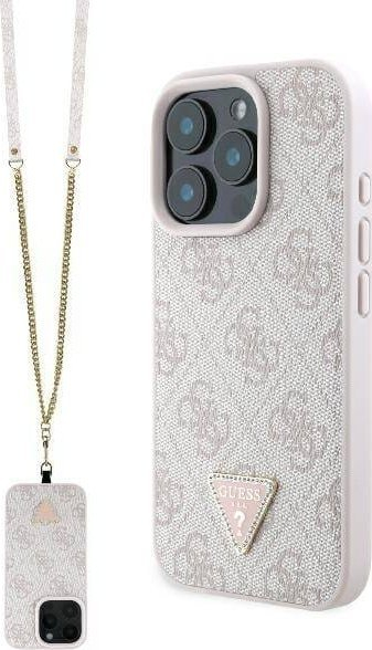 Çantë-mbulesë telefoni Guess Leather Metal Logo Strass Crossbody për iPhone 16 Pro Max 6.9", lëkurë, rozë