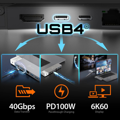 HUB USB j5create 4K60 Elite Pro USB4, 100W PD, Gigabit Ethernet, gri