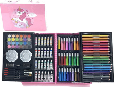 Set artistik për fëmijë Leantoys Artistic Set in Suitcase, 145 pjesë, valixhe rozë me njëbrirësh