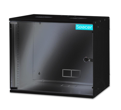 Kabinet muror 19" Spacer SPCW-9U-BK, 9U, derë xhami me bravë, i zi