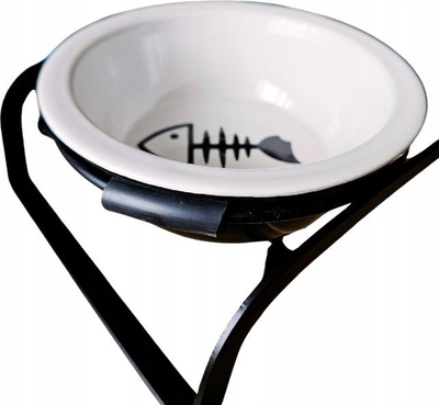 Set tasa për mace BarryKing, 2 tasa qeramike me mbajtëse hekuri, 12cm, bardh e zi