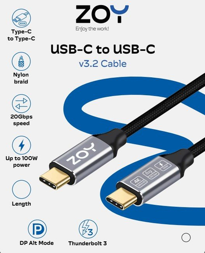 Kabllo ZOY USB C, 2 metra, e zezë / argjendtë