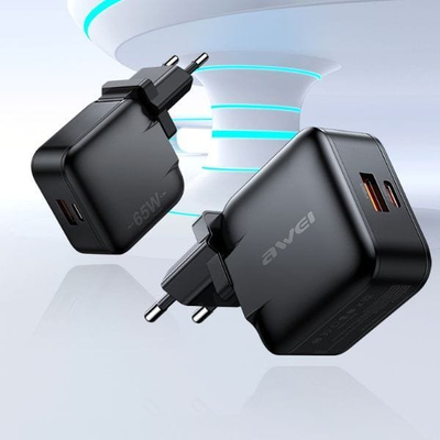 Ѕиден полнач Awei PD55-EU, 65W, USB и USB-C GaN, црн