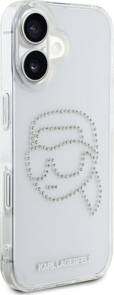 Mbulesë telefoni Karl Lagerfeld IML Rhinestones Karl Head, për iPhone 16 6.1", transparente