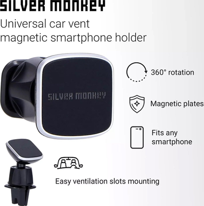 Mbajtëse magnetike makine Silver Monkey CM-MGN-SM, për grilë ajri, rrotullim 360°, e zezë