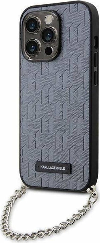 Kapak telefoni Karl Lagerfeld Saffiano Monogram Chain për iPhone 14 Pro Max, lëkurë ekologjike, me zinxhir, argjend