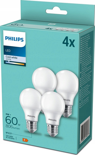 Llambë LED Philips A60 E27, 8W, 4000K dritë e bardhë e ftohtë, paketë 4 copë