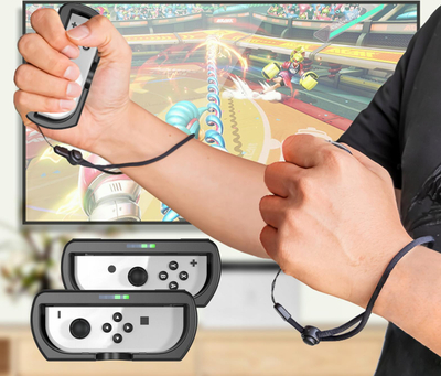 Set aksesorë JYS për Nintendo Switch OLED, 2 timona, grip 2 në 1, i zi