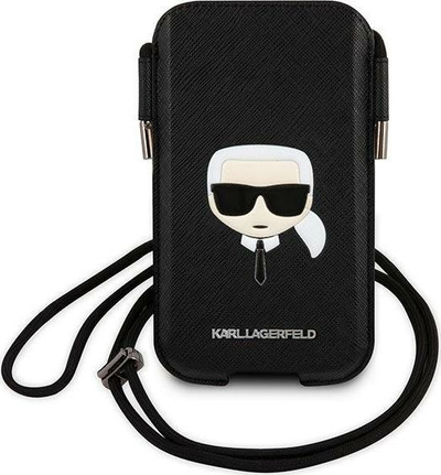 Торбичка за телефон Karl Lagerfeld Ikonik Saffiano, за iPhone 6.7\", со ремен, црна