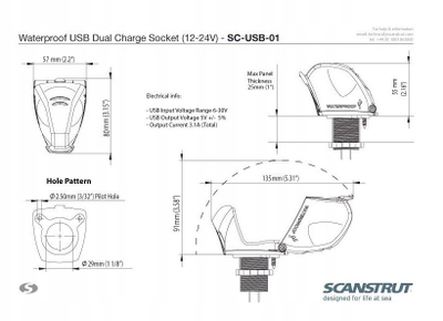Prizë karikimi USB Scanstrut SC-USB-01, dyfishe, e mbyllur nga uji, 12-24V