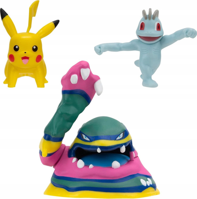 Set figurina Pokémon Battle Figure 3 Pack Jazwares, 2" Pikachu dhe Machop 3" Alolan Muk, shumëngjyrësh