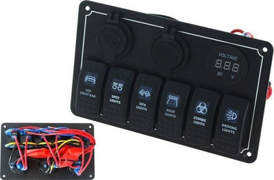 Panel komandues TurboWorks Switch, 12V 24V, 6 çelësa ON OFF, 2xUSB 3.1A, LED voltmetër, IP68, blu