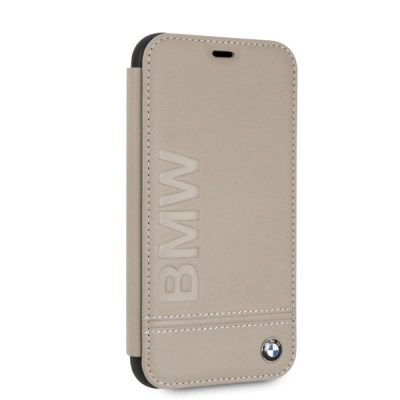 Këllëf telefoni BMW Logo Imprint për iPhone Xr, lëkurë natyrale, tip libër, bezhë