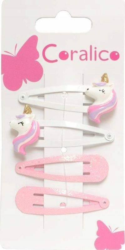 Kapëse flokësh Coralico Unicorn, set me 4 copë, e bardhë edhe rozë