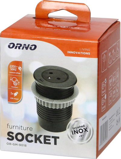 Prizë mobile ORNO OR GM 9018, 1x 2P+E, USB 3.0, inox i zi