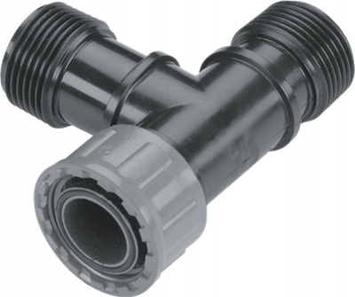 Tee lidhëse GARDENA 26x34, 1 hyrje F 2 dalje M, plastike, e zezë