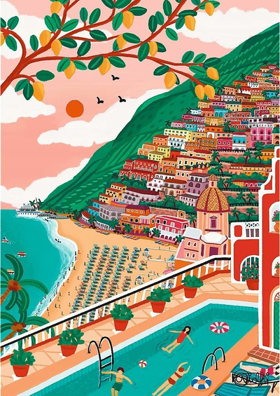 Puzzle Trefl The Art of Colour Positano, 1000 copa, peizazh bregdetar, me rozë