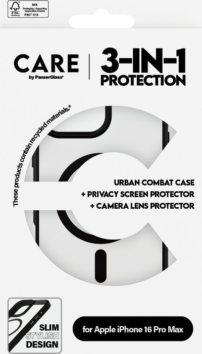 Set mbrojtës CARE by PanzerGlass për iPhone 16 Pro Max, 3 në 1, Privacy Glass, kompatibil me MagSafe, transparent