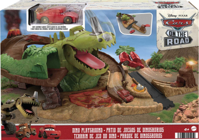 Set loje Mattel Disney Cars Dino Park, pistë makinash, dinosauri interaktiv, shumëngjyrësh