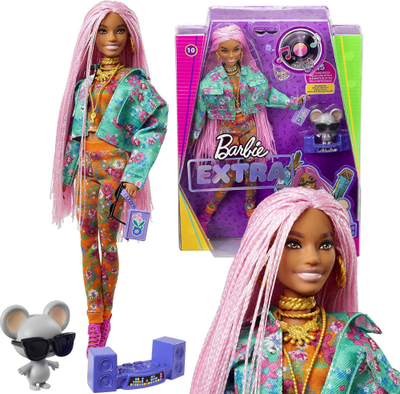 Kukull Barbie Extra, me xhaketë me lule, set joggers, me mi DJ