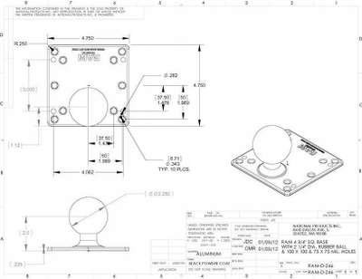 База за монтирање Ram Mount 4.75 Sq, 100 x 75mm, топка 2.25\", црна