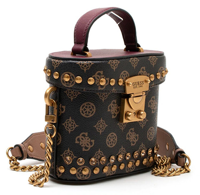 Çantë për femra Guess Fynna Printed Mini Cannister Bag, e kaftë e errët
