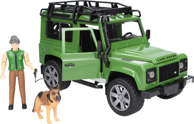 Set lodrash Bruder 02587 Land Rover Defender, makinë terreni me roje pylli dhe qen, jeshile