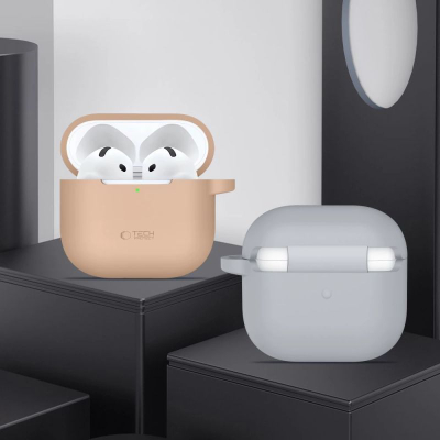 Kapak silikoni Tech-Protect për Apple AirPods 4, me karabinë, gri